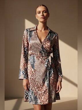 Cato Chic & Flattering Mixed Animal Wrap Skirt Cinches at the Waist with Tie